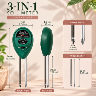 Dimensions of the 3-in-1 soil meter showing its 26 cm total length, 7 cm width, 3.6 cm depth, and 20 cm dual probes.
