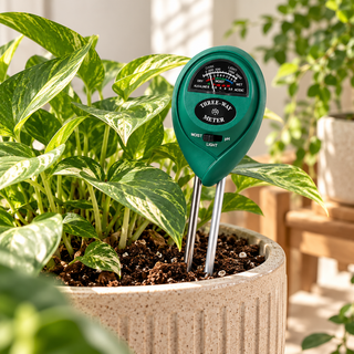 Green 3-in-1 soil meter inserted into a potted indoor plant to measure soil moisture, pH level, and light intensity.