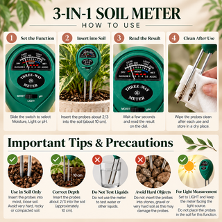 Instructions for using the 3-in-1 soil meter, including selecting moisture, pH or light mode, inserting the probes correctly, reading measurements, cleaning after use, and avoiding liquids and hard objects.