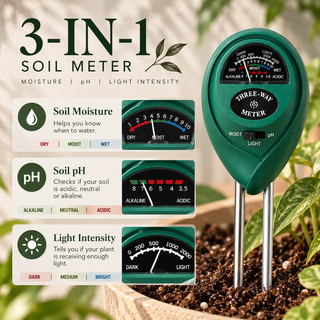 3-in-1 soil meter measuring soil moisture, pH level, and light intensity for indoor and outdoor plants.
