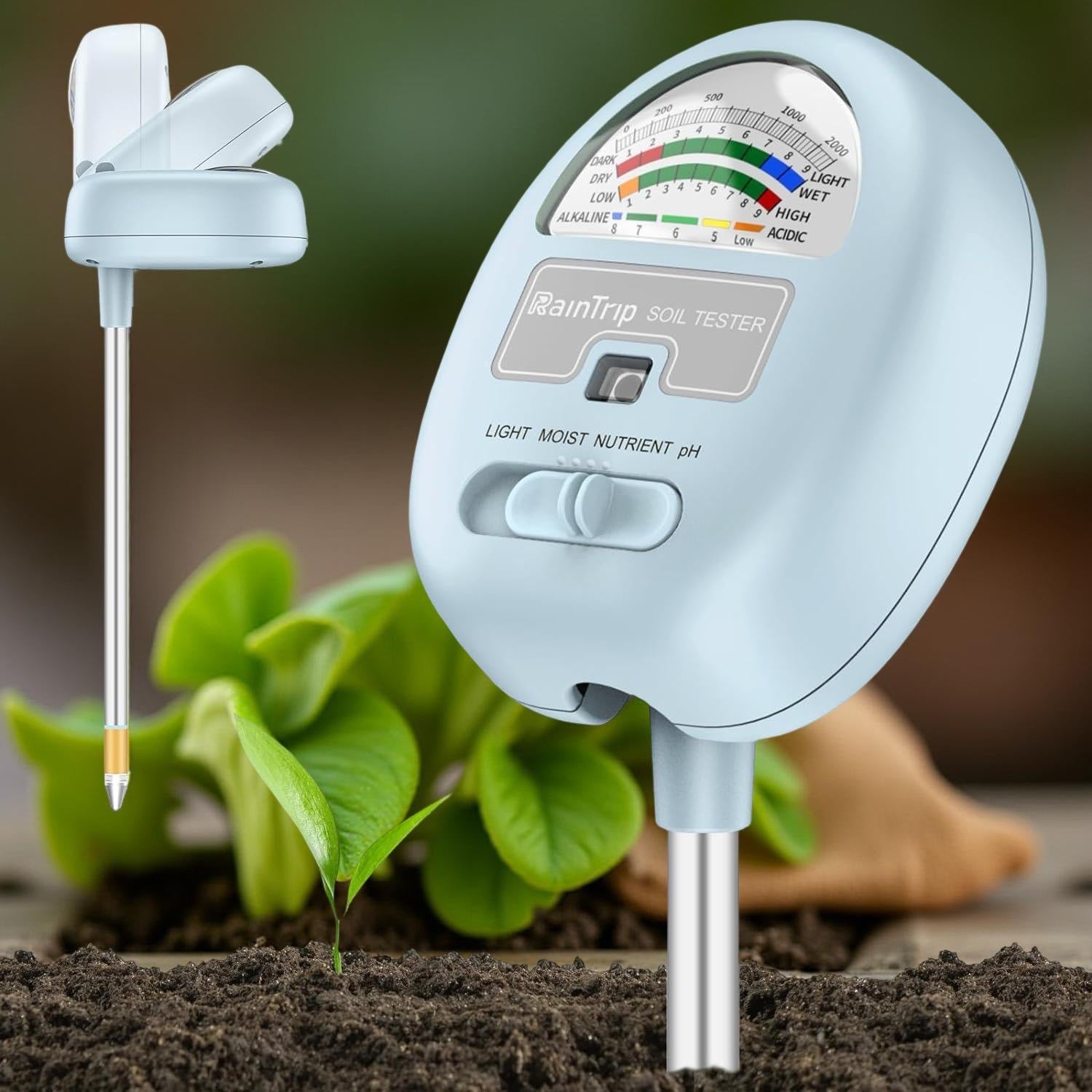 soil ph moisture light meter RainTrip 4-in-1 Plants Soil Meter (Moisture, Light, pH, Nutrients) – ROUGE 'N' LOVE ™