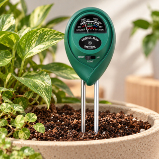 Three-way soil meter with dual metal probes measuring soil moisture, pH, and light intensity in a potted plant.