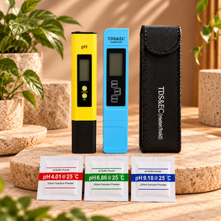 Digital pH and TDS EC water quality meter set with three calibration buffer sachets, carrying case and user manual.