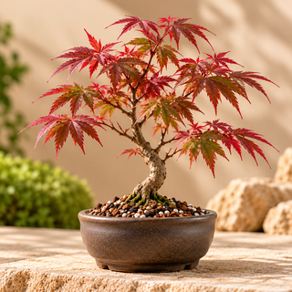 Japanese Maple bonsai with red palmate leaves and a twisted trunk in a ceramic pot