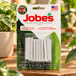 Jobe’s 13-4-5 fertilizer spikes for houseplants, 31 g pack, displayed against a natural background with green foliage.