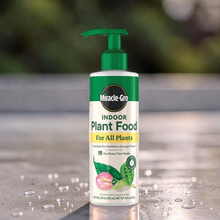 A bottle of Miracle-Gro Indoor Plant Food for all plants, featuring a green pump dispenser and a white label with green and yellow text, set on a wet reflective surface with water droplets.
