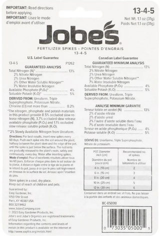 Jobe’s 13-4-5 fertilizer spikes for houseplants, 31 g pack, displayed against a natural background with green foliage.