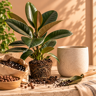 Rubber plant with exposed roots beside a cream planter, potting mix, perlite, and repotting tools in warm sunlight against a soft blush-beige background.