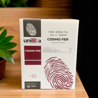 UNIBA COSMO FER 6% iron EDDHA chelated micronutrient fertilizer for plants.