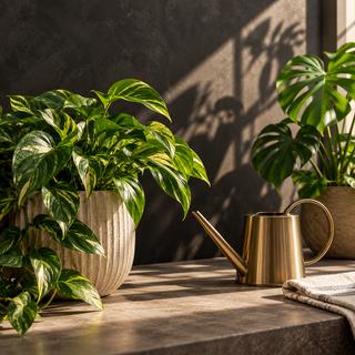 Indoor plants and a brass watering can in warm sunlight against a charcoal background, illustrating watering and lighting for houseplants.