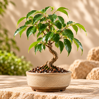 Weeping Fig bonsai with a twisted trunk and glossy green leaves in a ceramic pot
